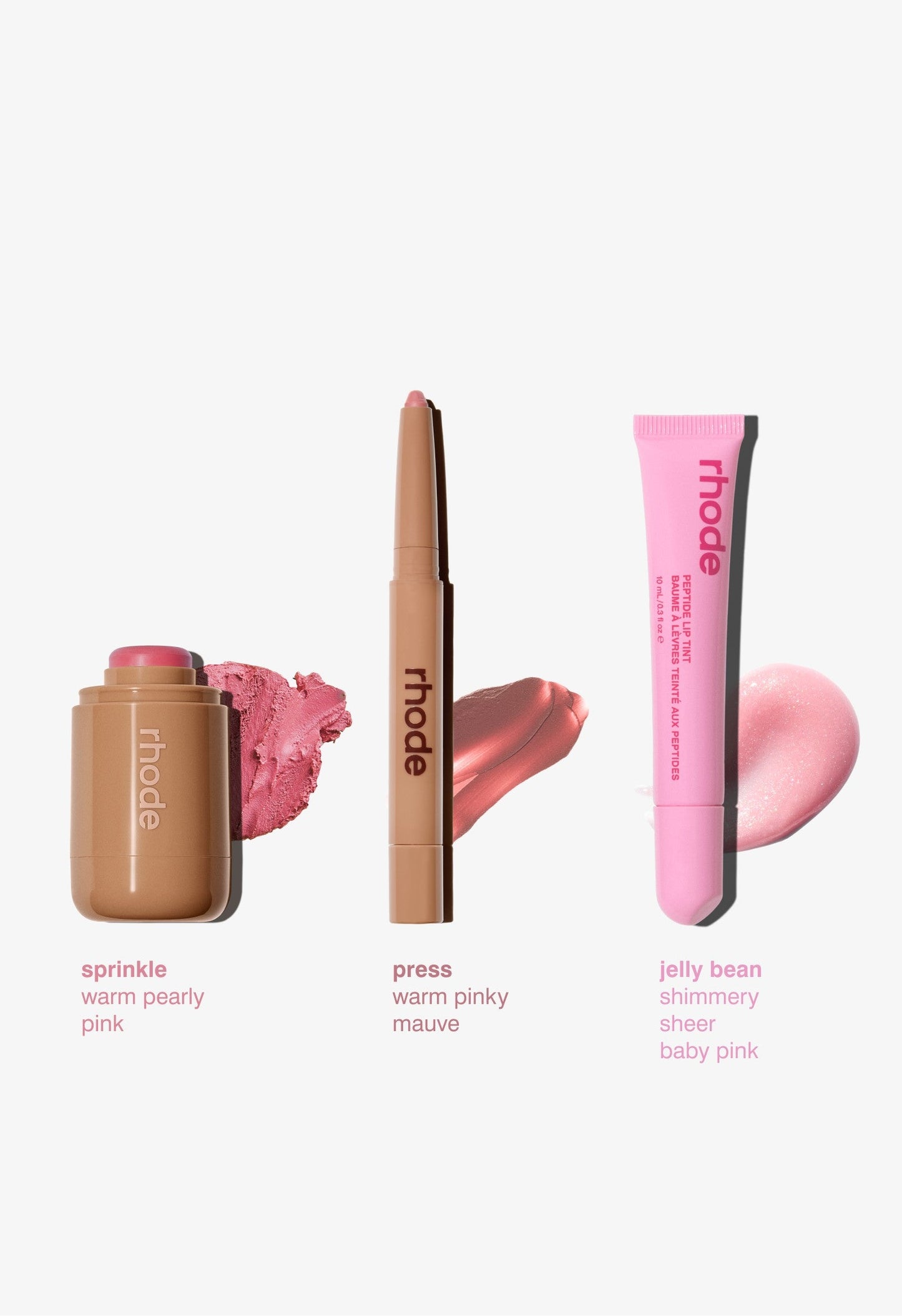 sprinkle - warm pearly pink, press - warm pinky mauve, jelly bean - shimmer sheer baby pink