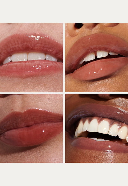 close up of 4 models, each wearing peptide lip tint - toast
