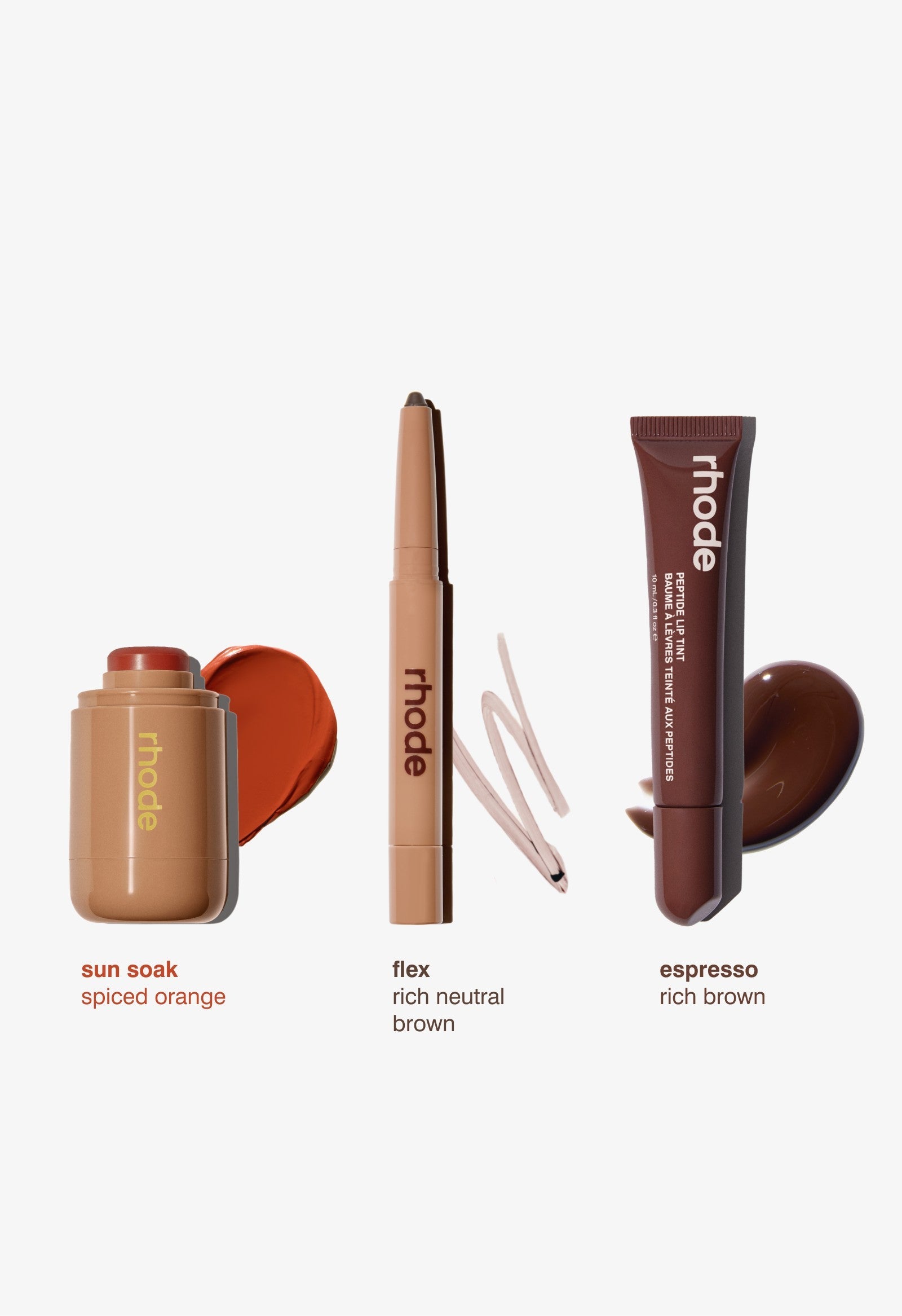 sun soak spiced orange, flex rich neutral brown, espresso rich brown