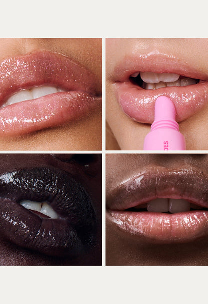 Collage of close-up images of lips with peptide lip tint jelly bean
