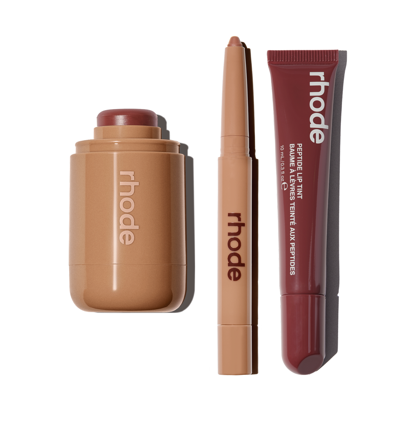 pocket blush in toasted teddy, peptide lip shape lean, peptide lip tint in pbj