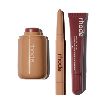 pocket blush in toasted teddy, peptide lip shape lean, peptide lip tint in pbj