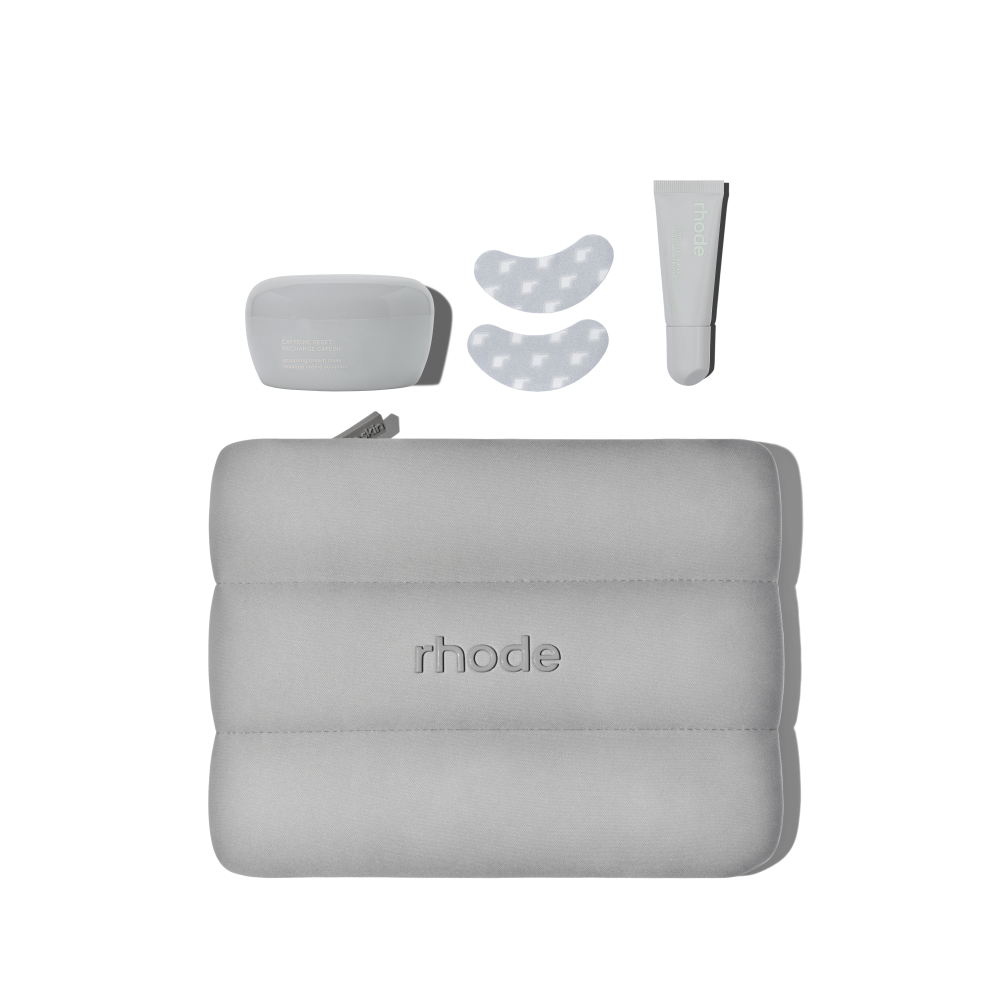 grey bubble bag, caffeine reset, peptide eye prep r icon, peptide lip boost sugarmint