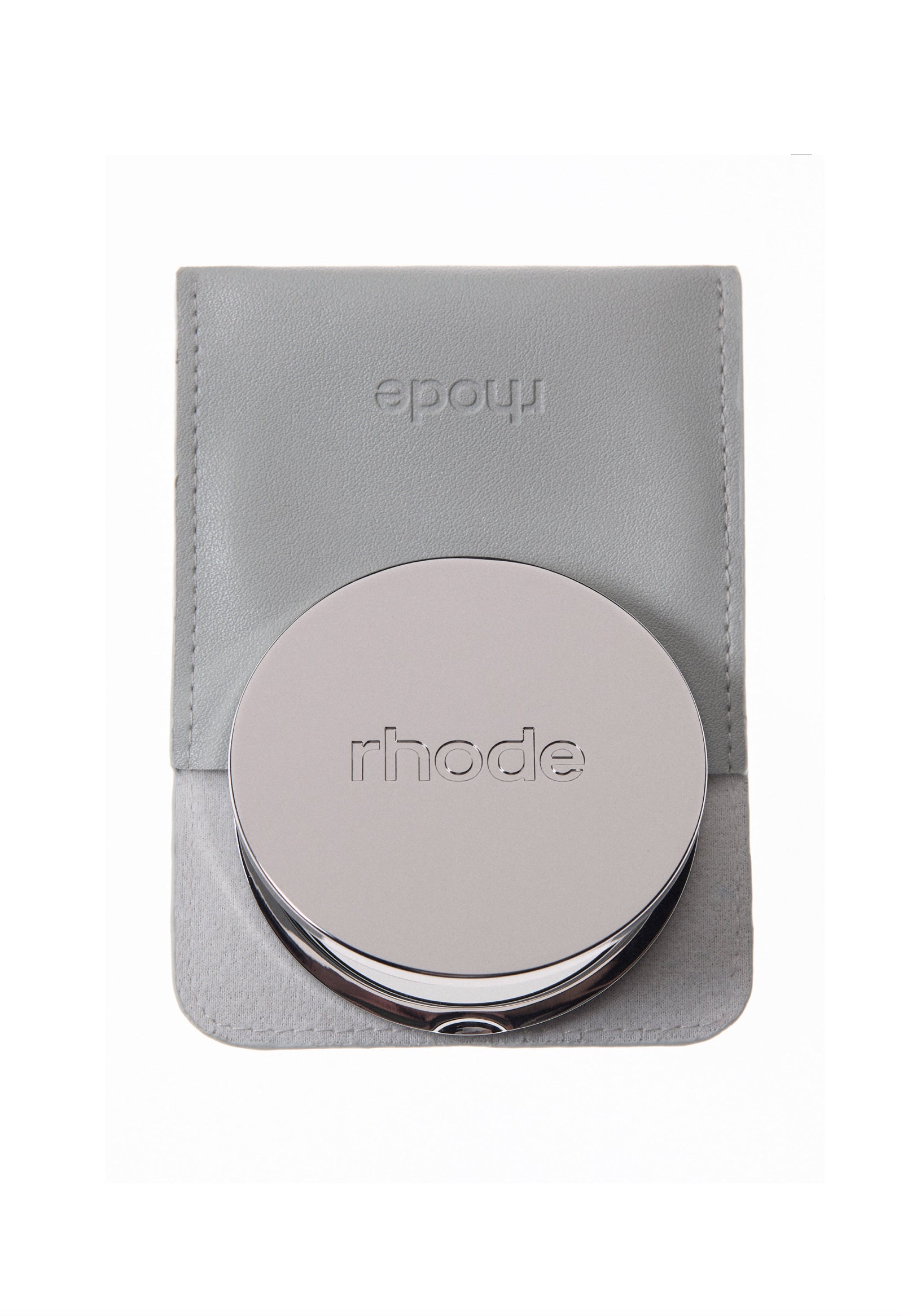 rhode mirror on gray leather pouch