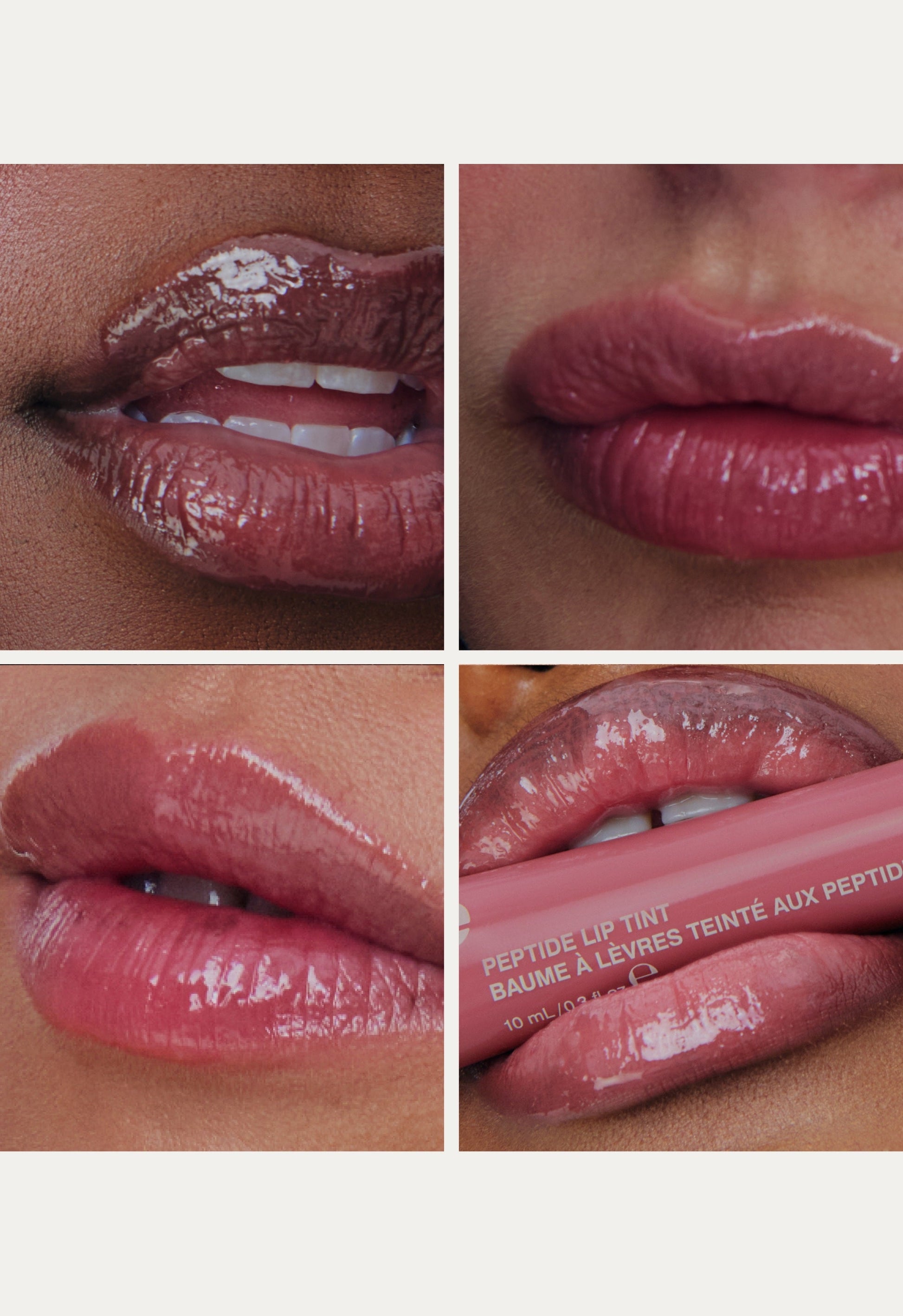 Collage of four close-up images of lips with peptide lip tint salty tan