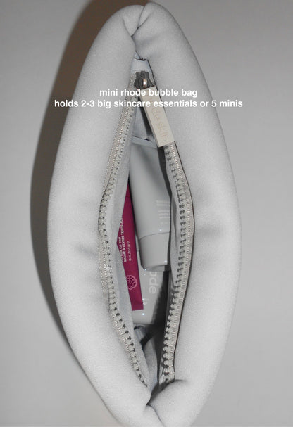 mini rhode bubble bag holds 2-3 big skincare essentials or 5 minis